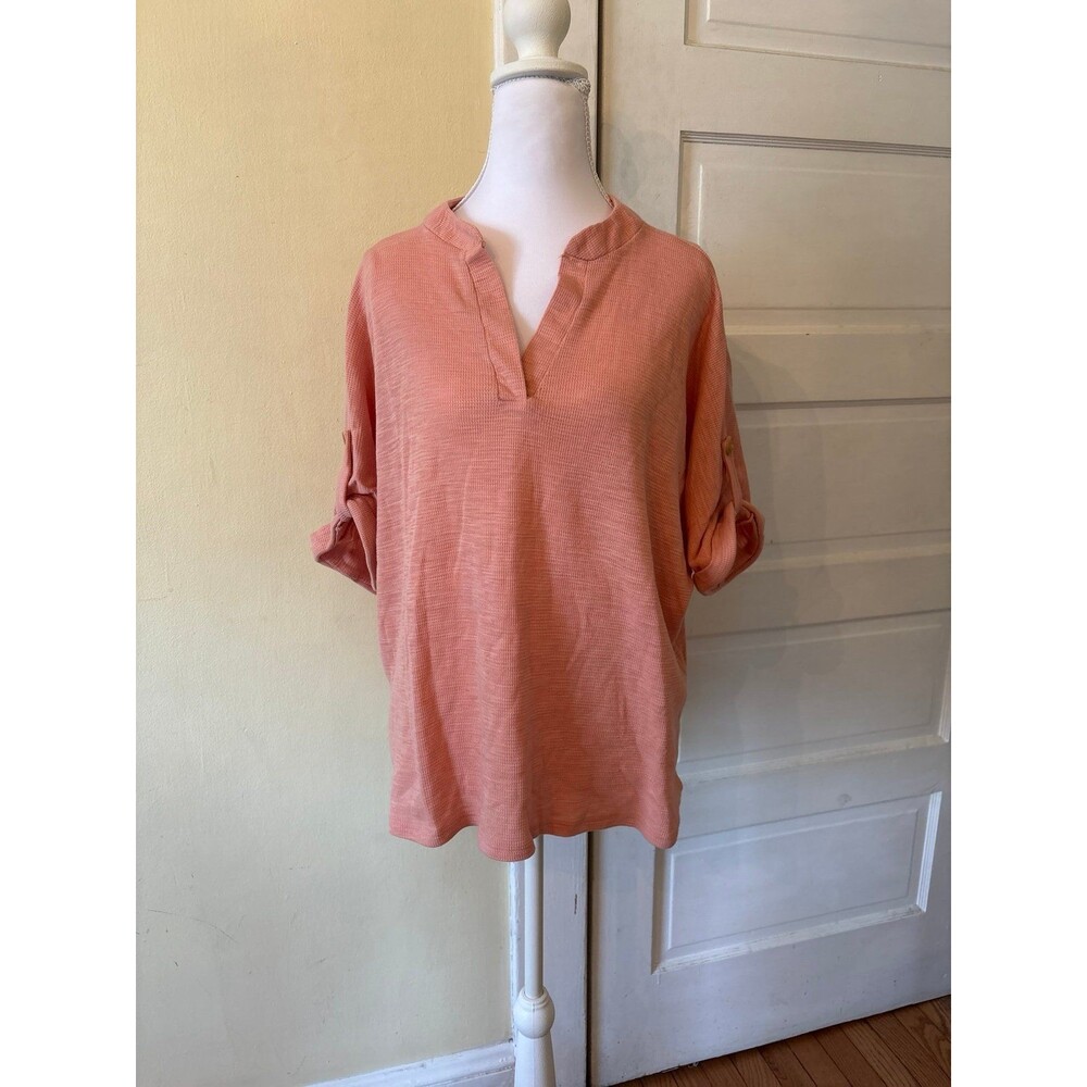 Tshirt top mandarin collar buttons coral salmon pink 100% cotton boutique spring